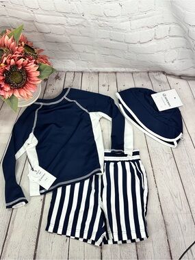Sperry Navy & White Kids Long-Sleeve Rashguard Set with Striped Shorts and Hat